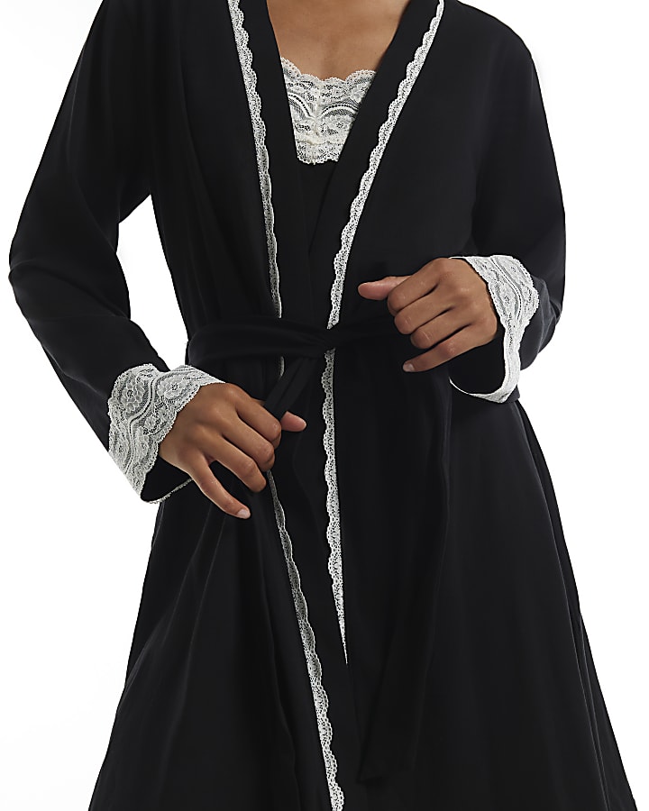 Black Cotton Blend Lace Trim Robe