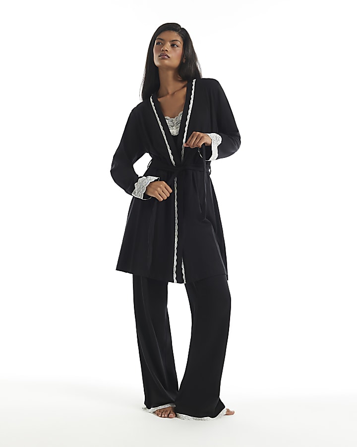 Black Cotton Blend Lace Trim Robe