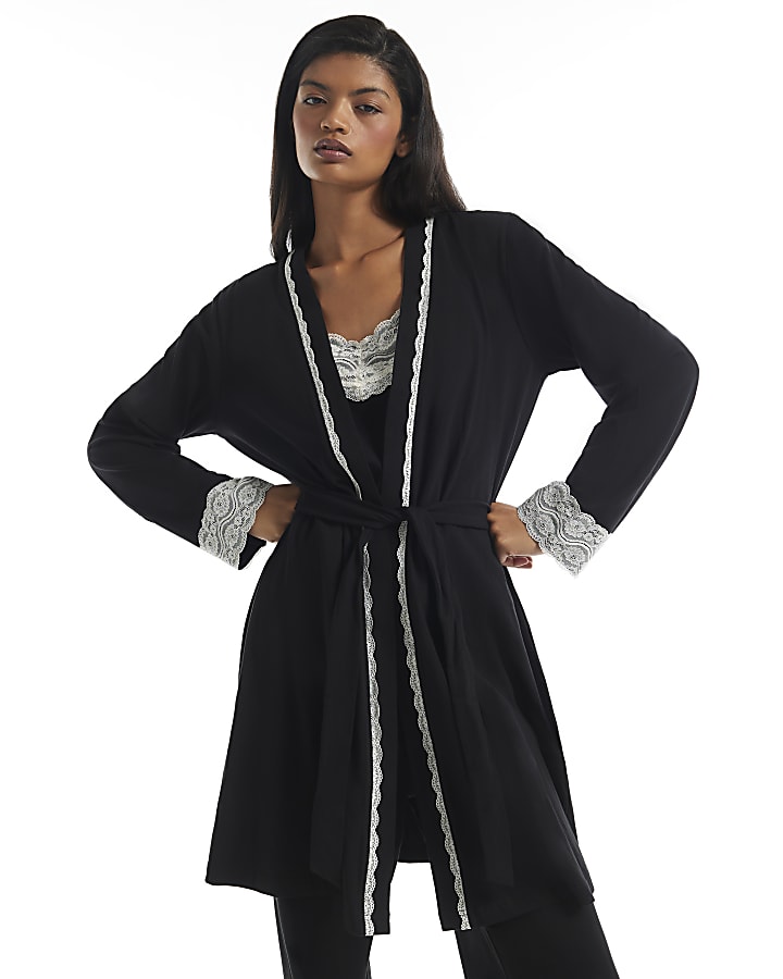 Black Cotton Blend Lace Trim Robe