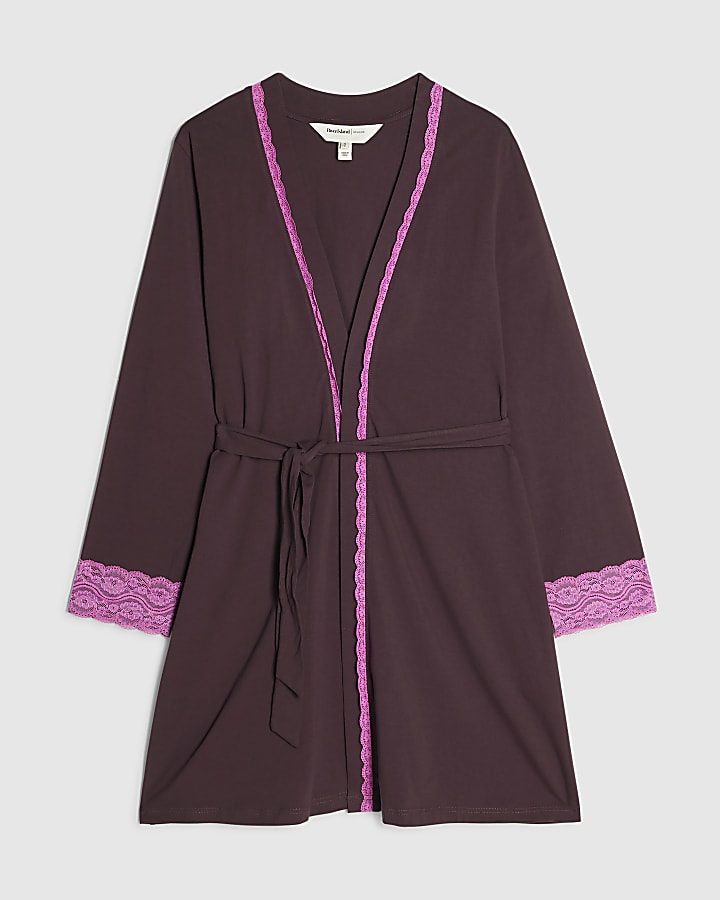 Burgundy Cotton Blend Lace Trim Robe