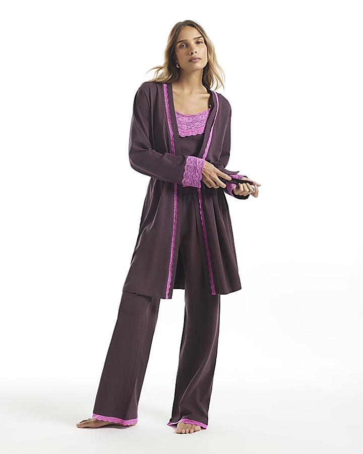Burgundy Cotton Blend Lace Trim Robe