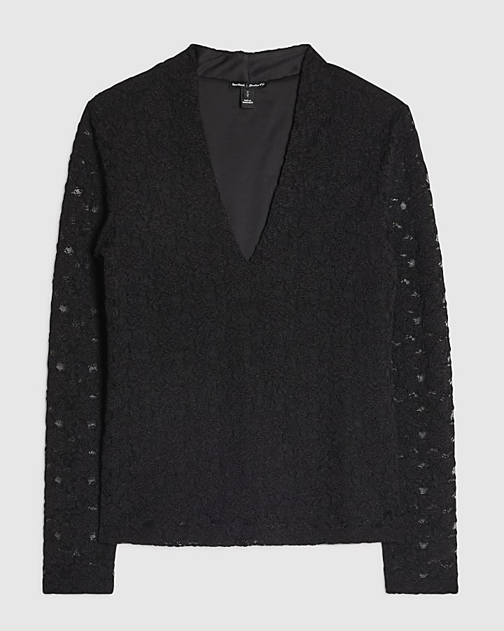 Black Long Sleeve Lace Plunge Neck Top