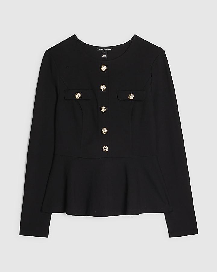 Black Button Down Ponte Peplum Top