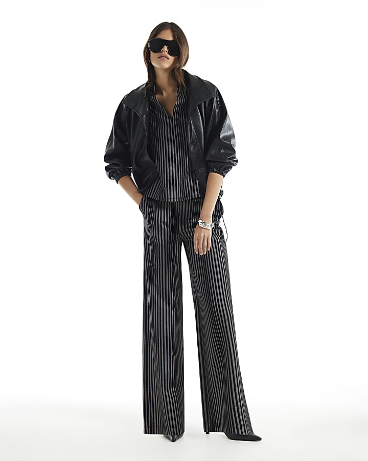 Black Ponte Stripe Wide Leg Trousers