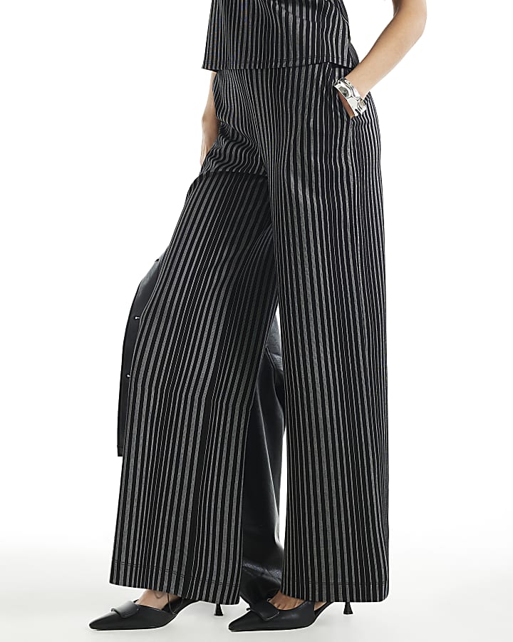 Black Ponte Stripe Wide Leg Trousers