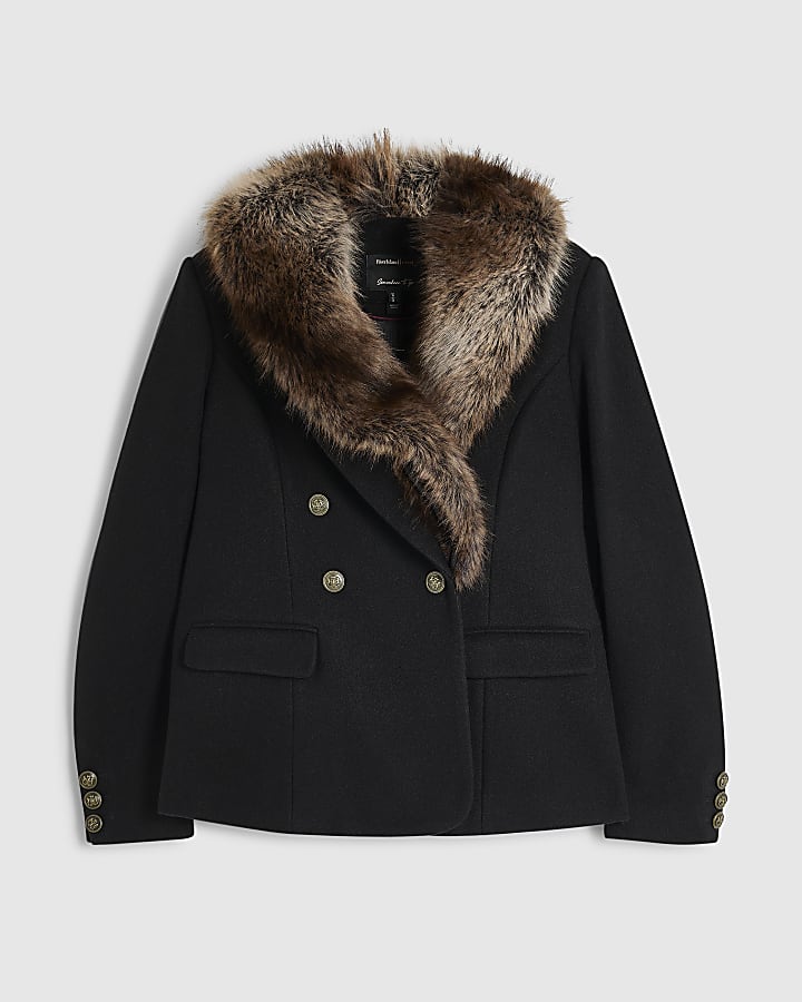 Black Faux Fur Collar Cinched Blazer