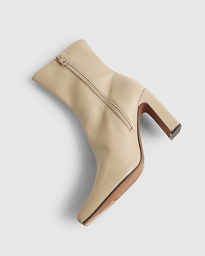 Cream Square Toe Heel Stretch Ankle Boots