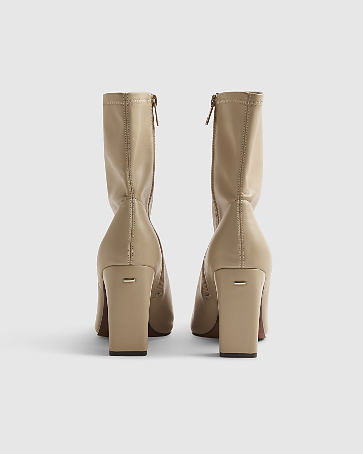 Cream Square Toe Heel Stretch Ankle Boots