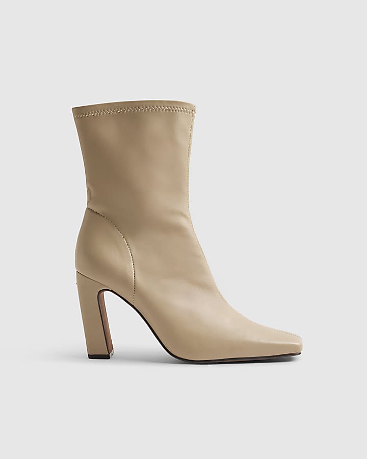 Cream Square Toe Heel Stretch Ankle Boots