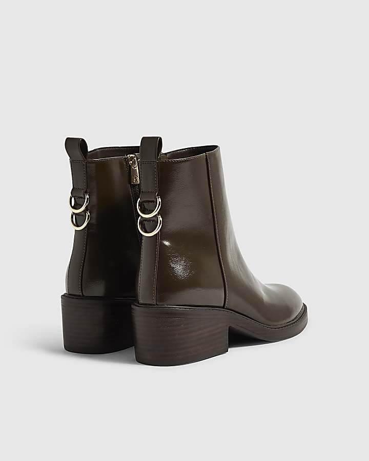 Brown Faux Leather Block Heel Ankle Boots
