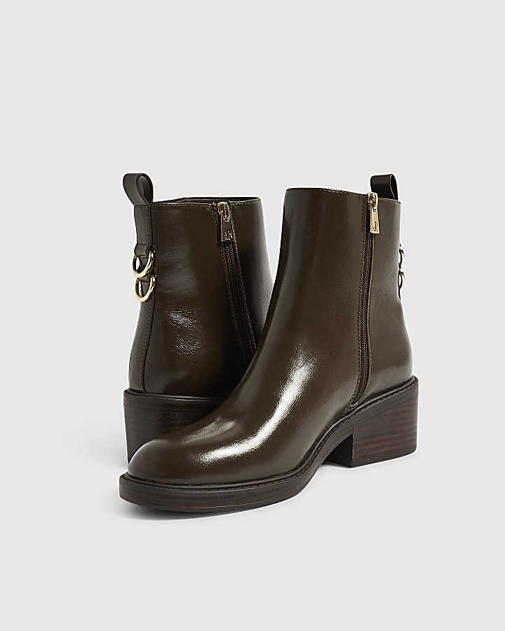 Brown Faux Leather Block Heel Ankle Boots