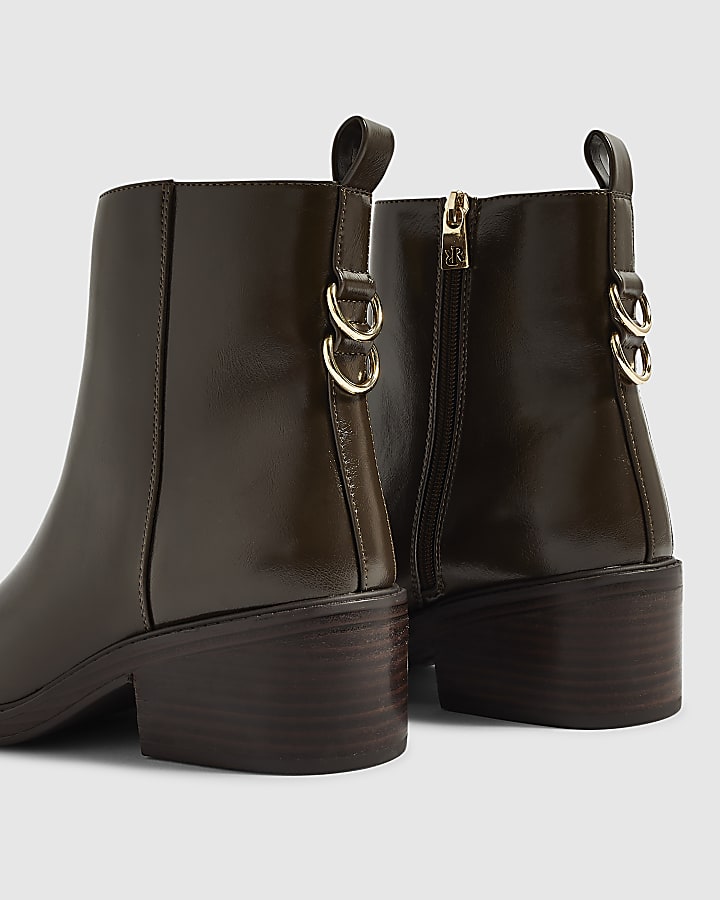Brown Faux Leather Block Heel Ankle Boots