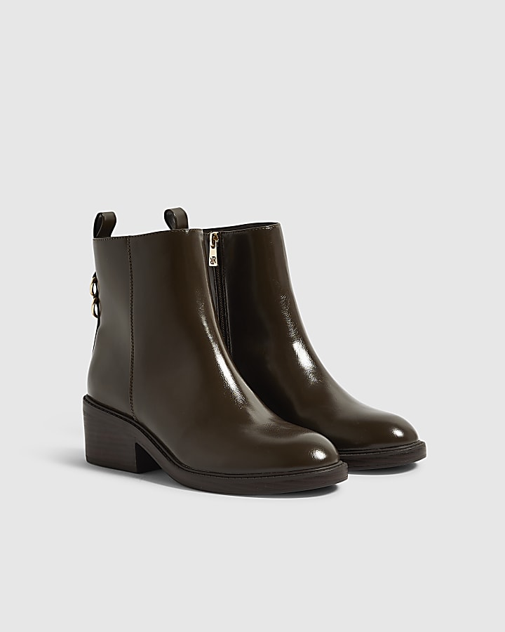 Brown Faux Leather Block Heel Ankle Boots
