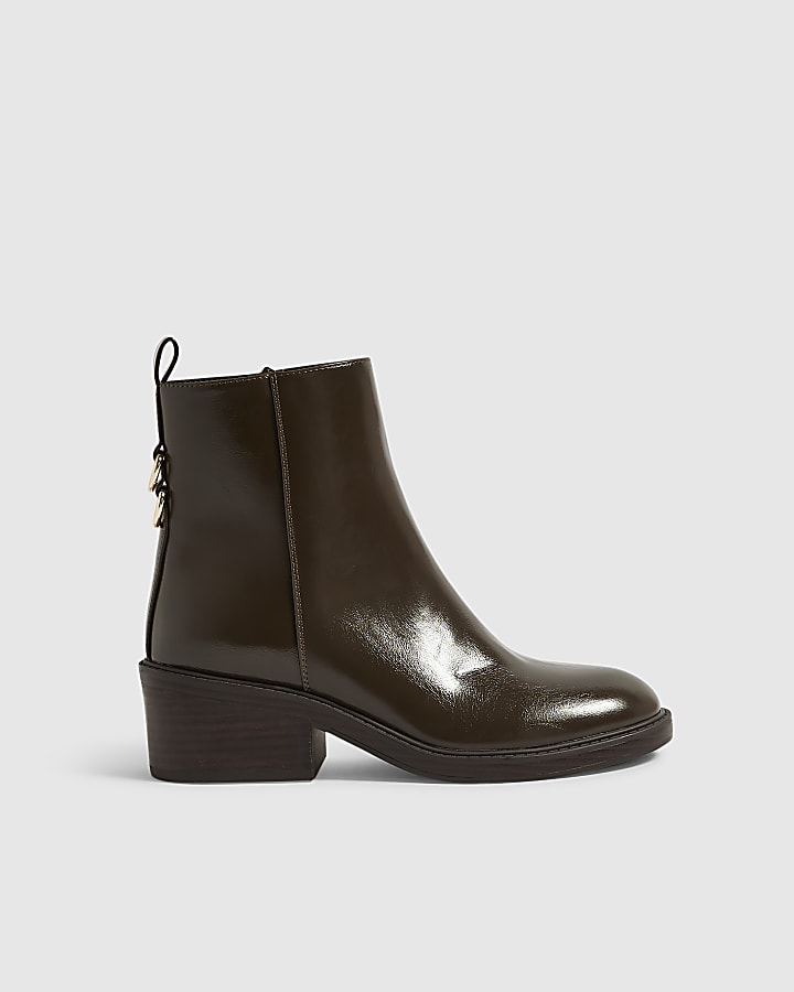 Brown Faux Leather Block Heel Ankle Boots