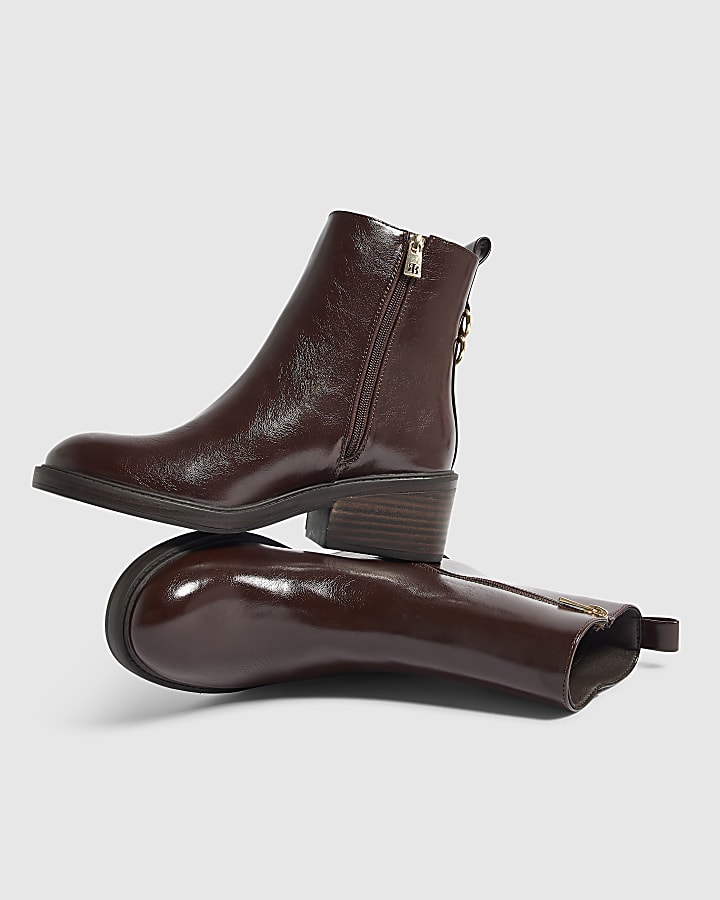 Brown Block Heeled Ankle Boots