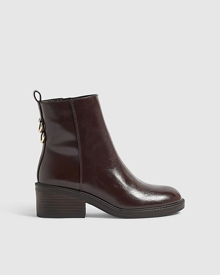 Brown Block Heeled Ankle Boots