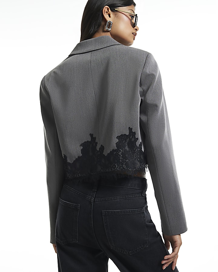 Grey Lace Trim Crop Blazer