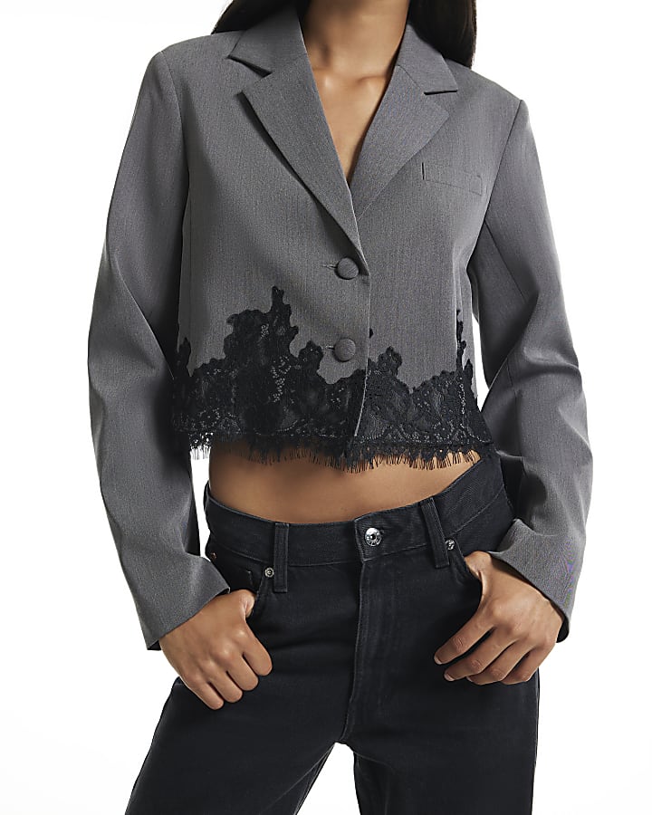 Grey Lace Trim Crop Blazer