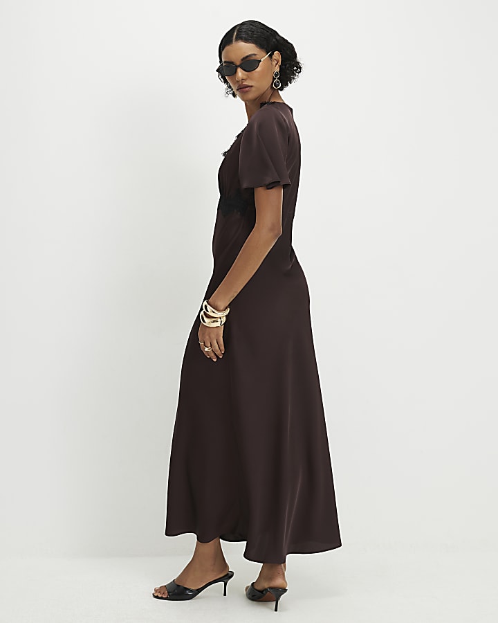 Brown Satin Short Sleeve Slip Dress