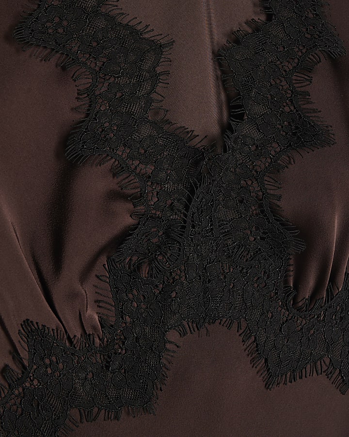 Brown Lace Satin Short Sleeve Slip Maxi Dress