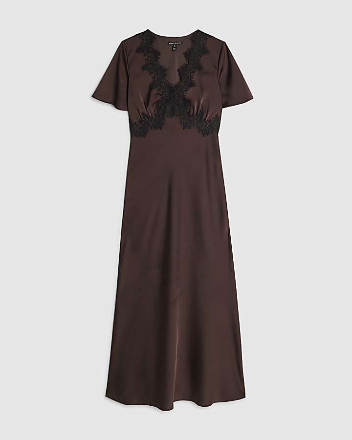 Brown Lace Satin Short Sleeve Slip Maxi Dress