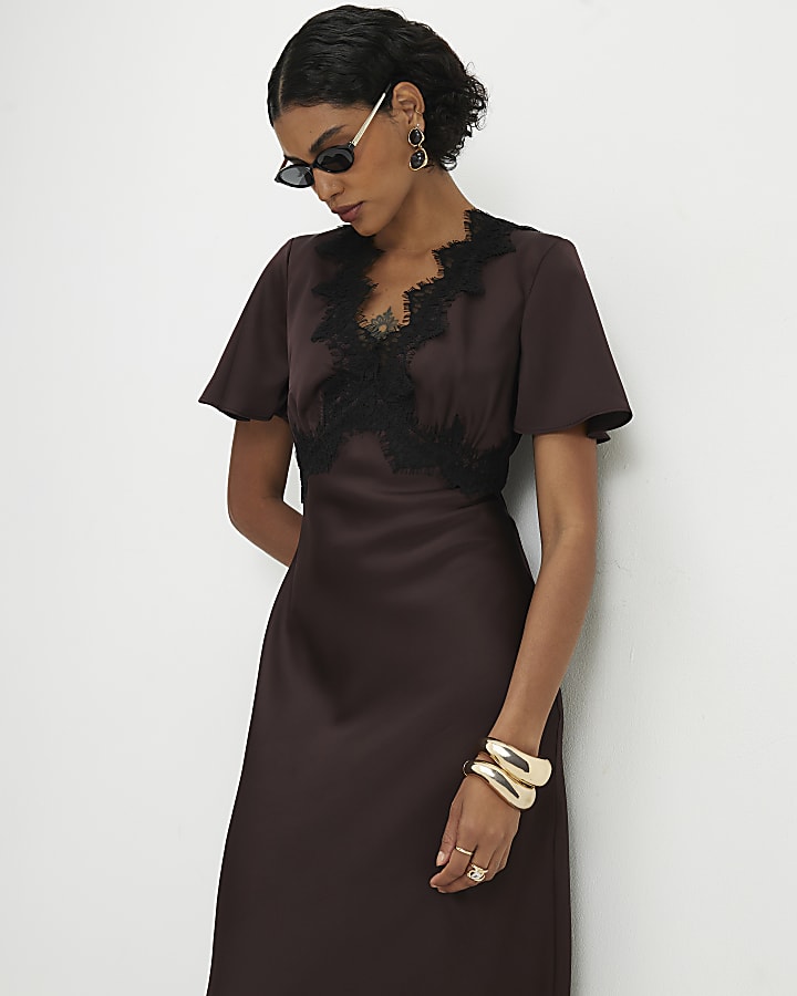 Brown Satin Short Sleeve Slip Dress