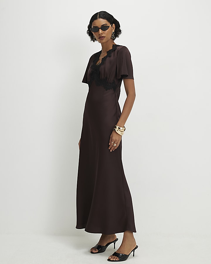 Brown Satin Short Sleeve Slip Dress