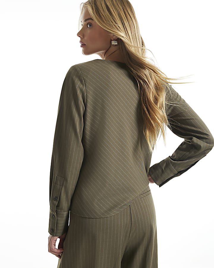 Green Striped Ruched Neck Blouse