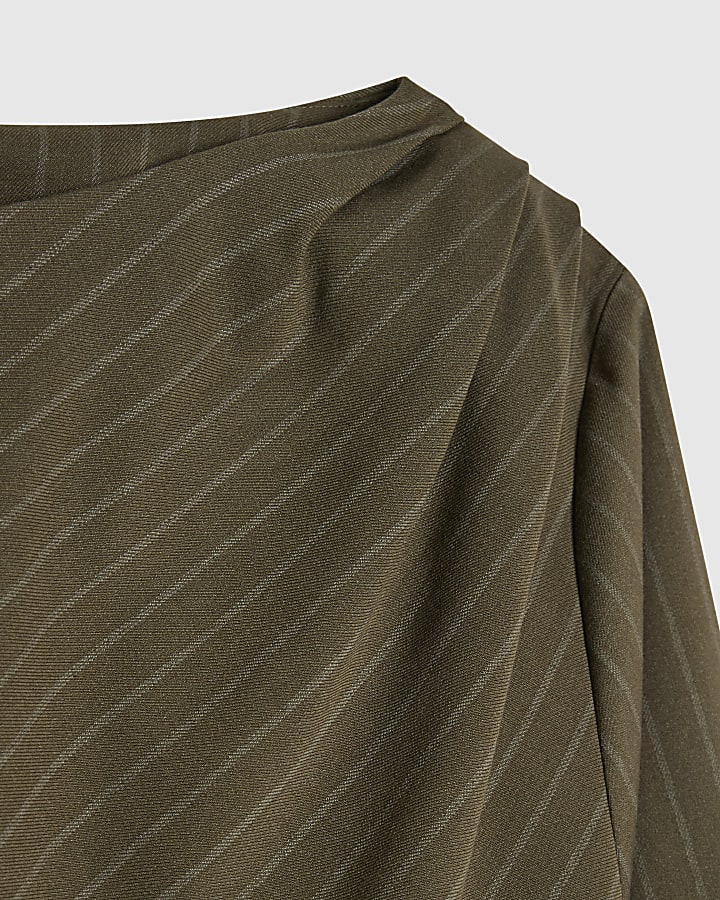 Green Striped Ruched Neck Blouse