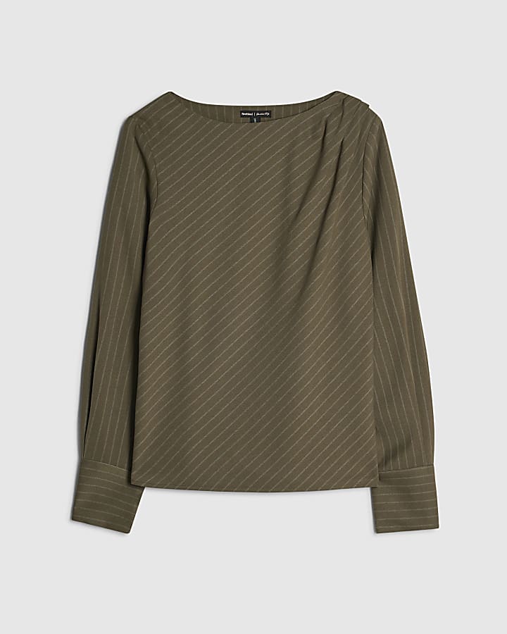 Green Striped Ruched Neck Blouse