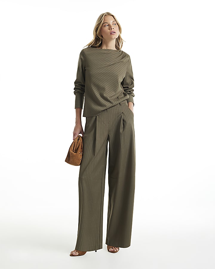 Green Striped Ruched Neck Blouse