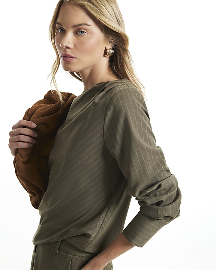 Green Striped Ruched Neck Blouse