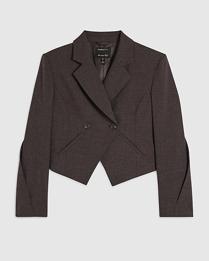 Brown Pleated Cuff Cropped Blazer