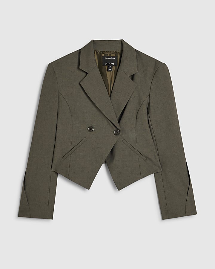 Khaki Pleated Cuff Crop Blazer