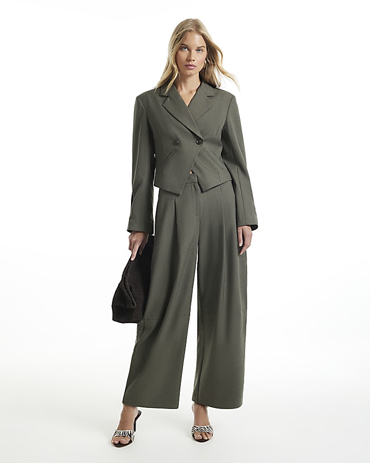 Khaki Pleated Cuff Crop Blazer