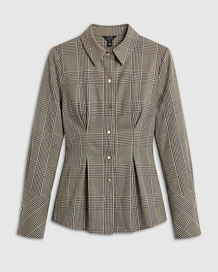 Brown Check Cinch Waist Long Sleeve Shirt
