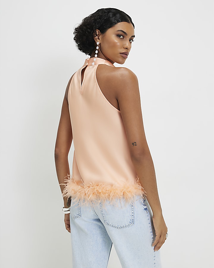 Orange Satin Cowl Halter Neck Feather Top