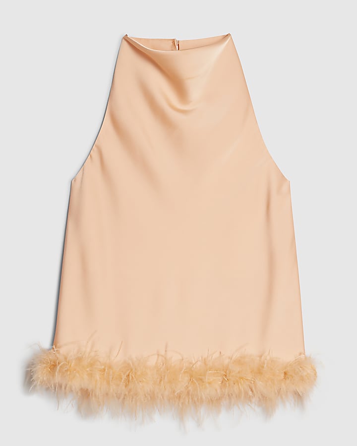 Orange Satin Cowl Halter Neck Feather Top