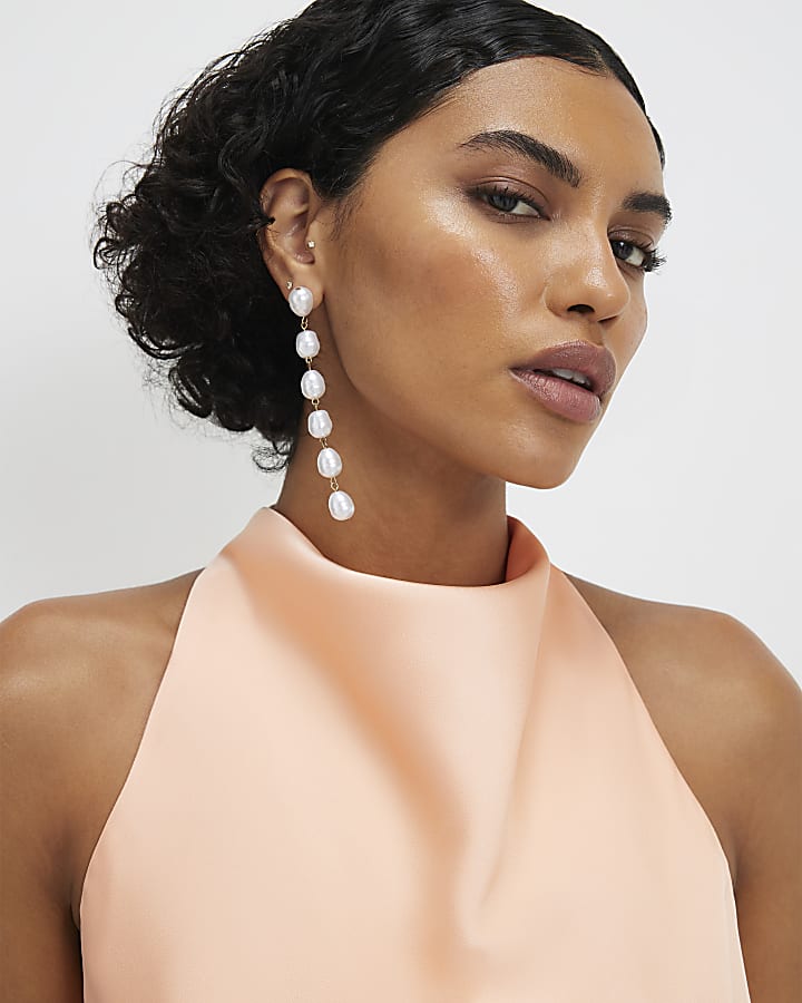 Orange Satin Cowl Halter Neck Feather Top