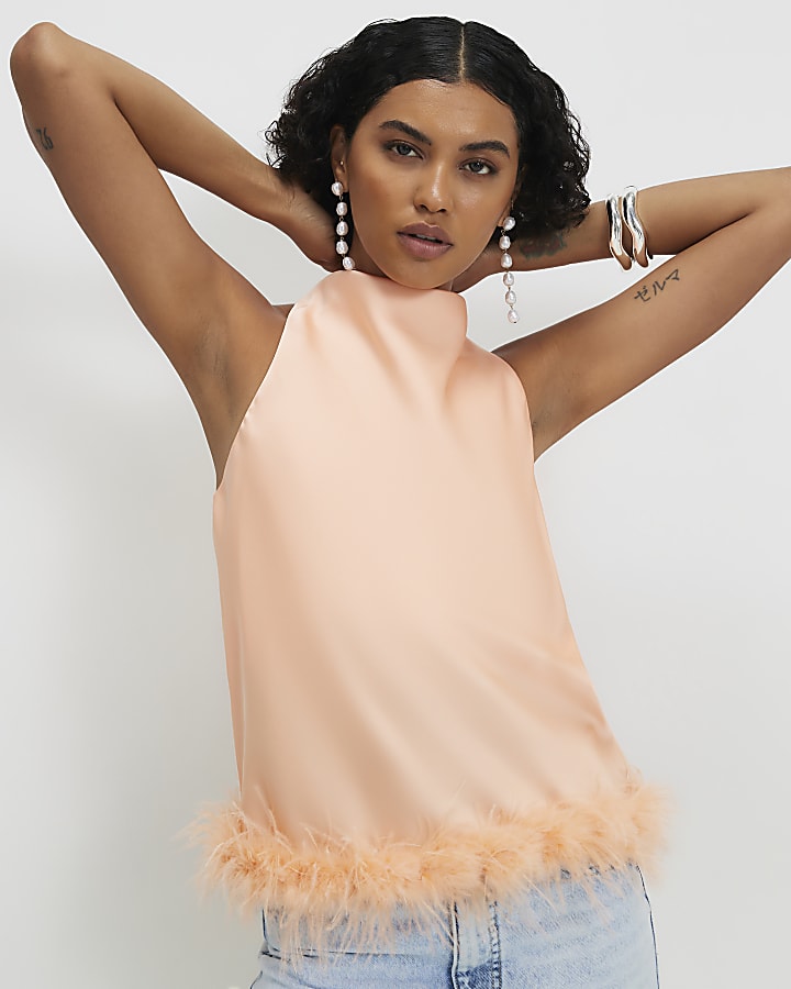 Orange Satin Cowl Halter Neck Feather Top