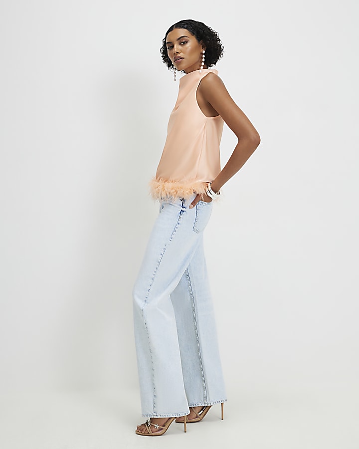 Orange Satin Cowl Halter Neck Feather Top