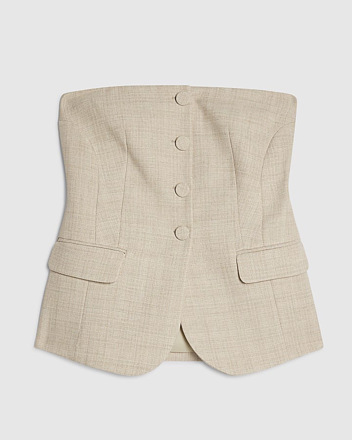 Beige Sleeveless Button Bandeau Top