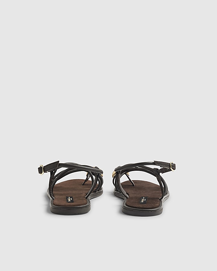 Brown Leather Metal Toe Loop Flat Sandals