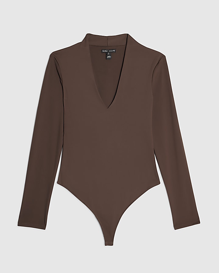 Brown Long Sleeve Plunge Bodysuit