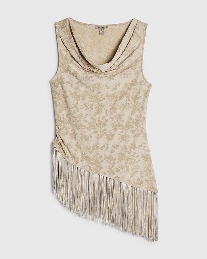Beige Burnout Devore Fringe Top