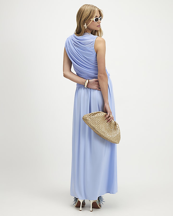Blue Sleeveless Drape Maxi Dress