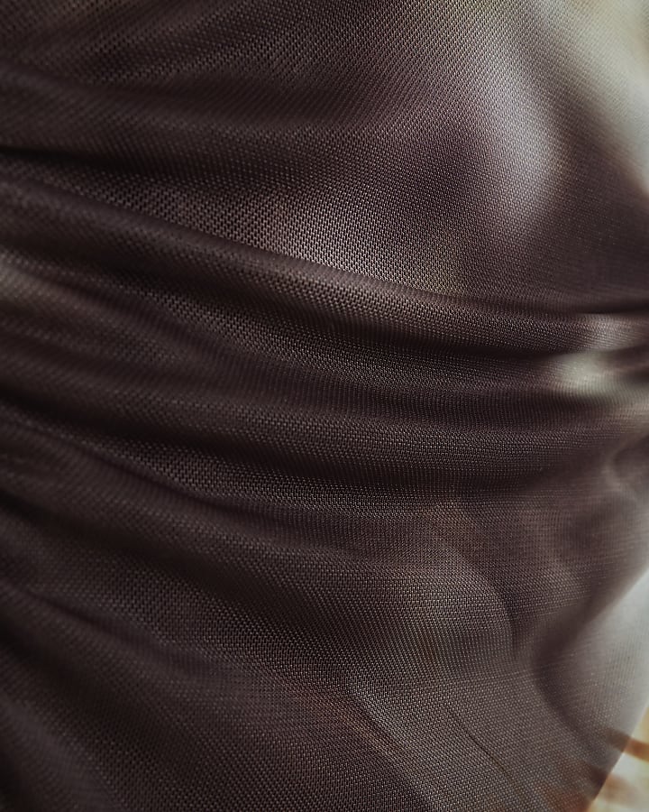 Brown Printed Mesh Midi Dress