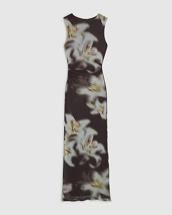 Brown Printed Mesh Midi Dress