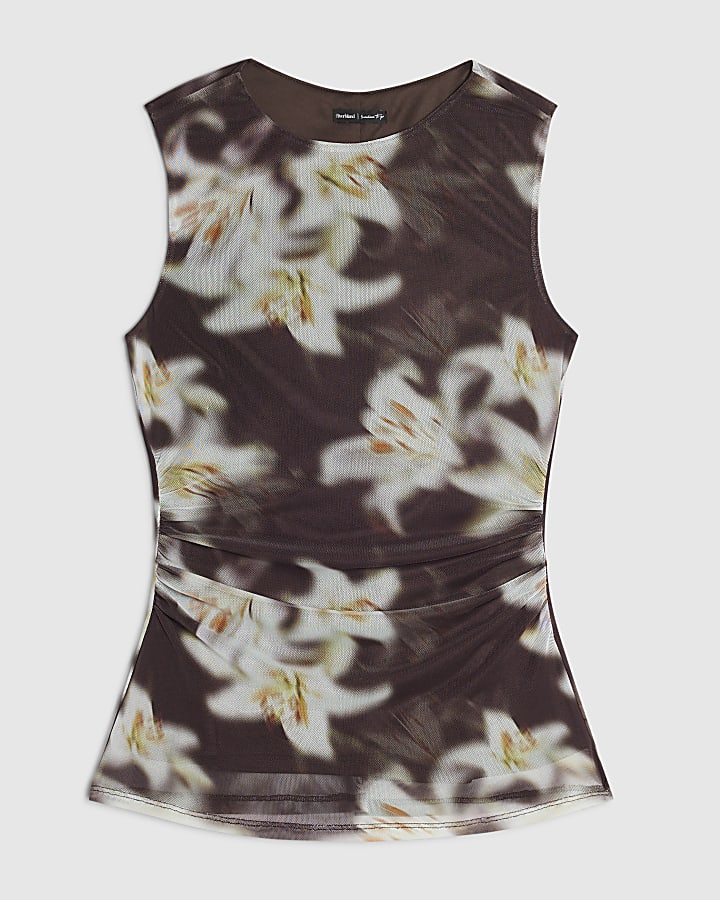 Brown Sleeveless Print Mesh Top