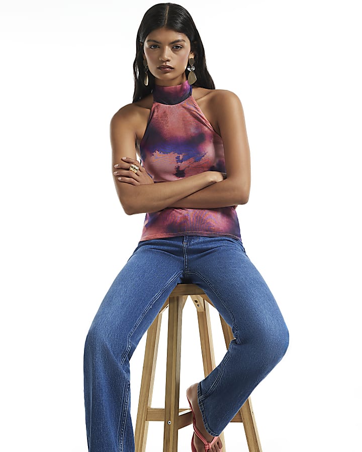 Coral Sleeveless Halter Mesh Top